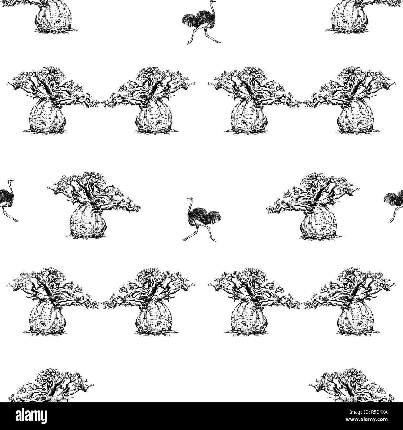 Seamless pattern of hand drawn sketch style baobab trees and ostrich isolated on white background. Vector illustration. Stock Vector