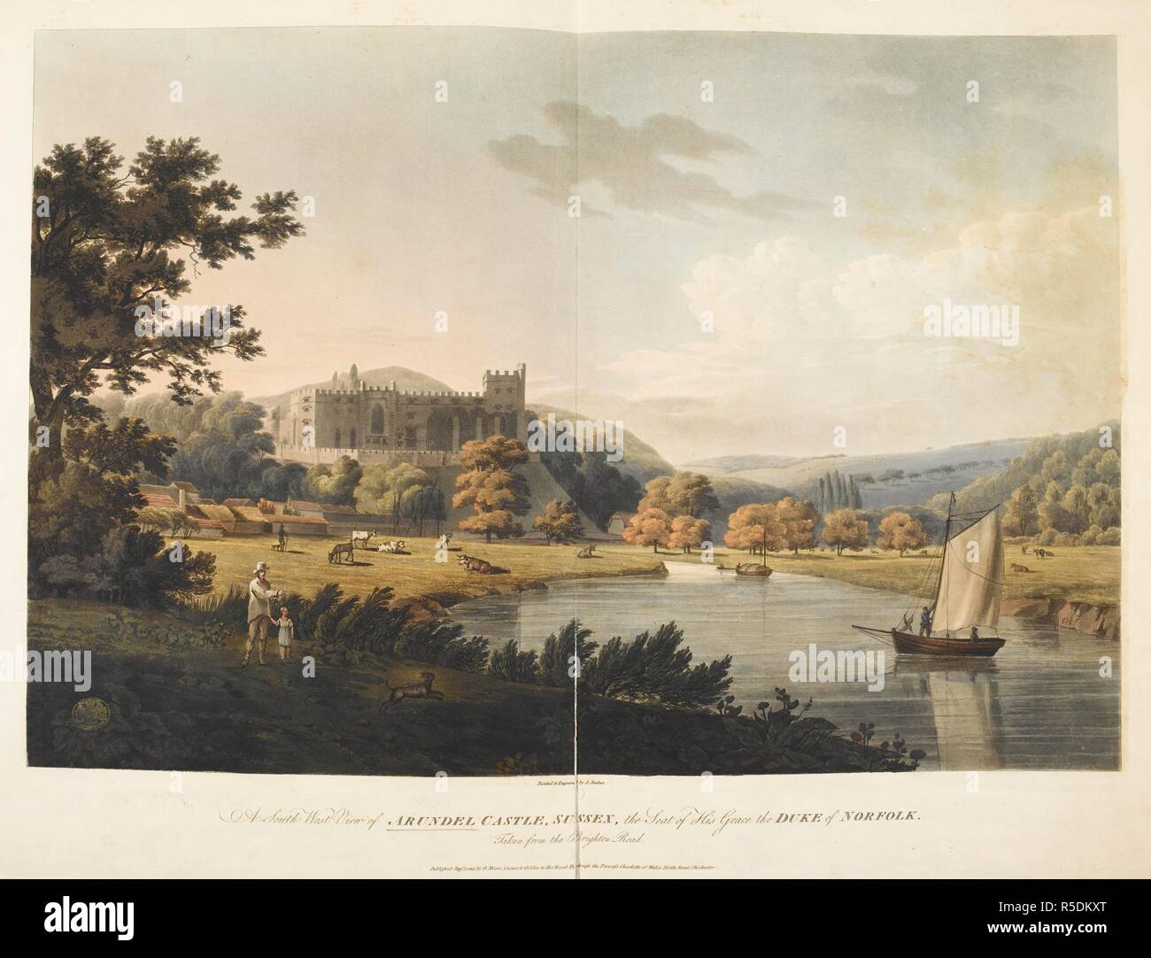 A sailing boat on the water; figures and a dog in the foreground; cattle grazing in the middle ground; Arundel Castle in the distance; trees throughout the scene. A South West View of ARUNDEL CASTLE, SUSSEX, the Seat of His Grace the DUKE of NORFOLK Taken from the Brighton Road. [Chichester] : Published Sepr 1 1815 by G. Moore, Carver & Gilder to Her Royal Highness the Princess Charlotte of Wales, North Street, Chichester., [September 1 1815]. Aquatint and etching with hand-colouring. Source: Maps K.Top.42.12.d. Language: English. Author: Jeakes, J. Stock Photo