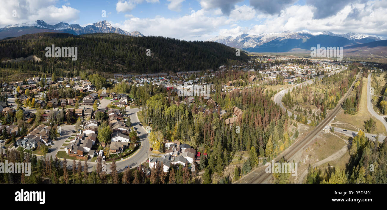 Aerial panoramic view of Residential homes in a small alpine town