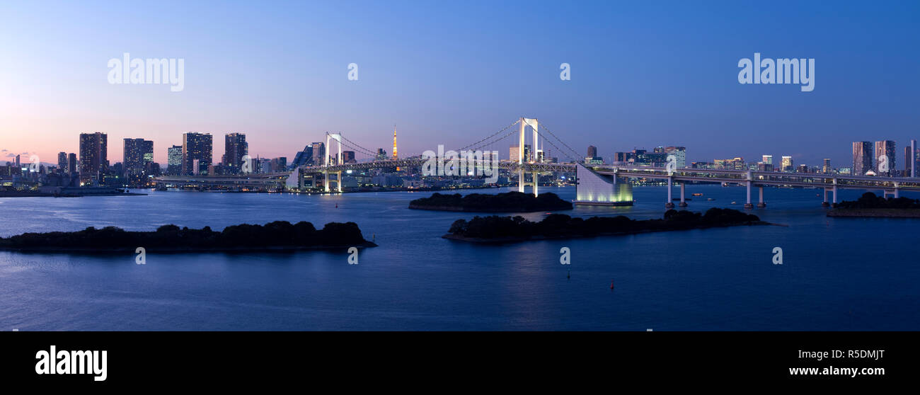 Rainbow bridge and Tokyo Bay from Odaiba, Tokyo, Japan Stock Photo