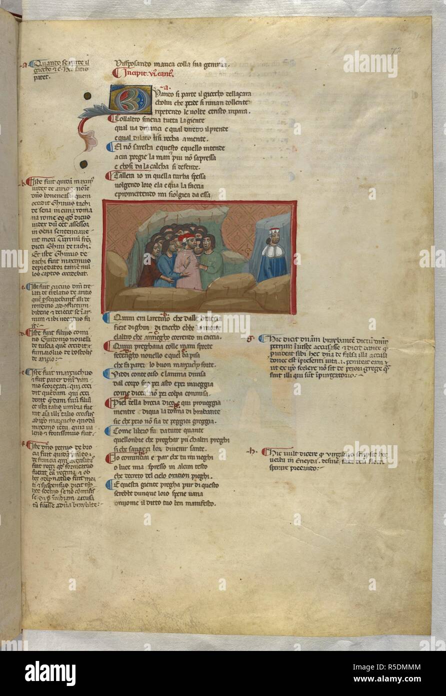Purgatorio: Dante is accosted by a group of penitents. Dante Alighieri, Divina Commedia ( The Divine Comedy ), with a commentary in Latin. 1st half of the 14th century. Source: Egerton 943, f.72. Language: Italian, Latin. Stock Photo