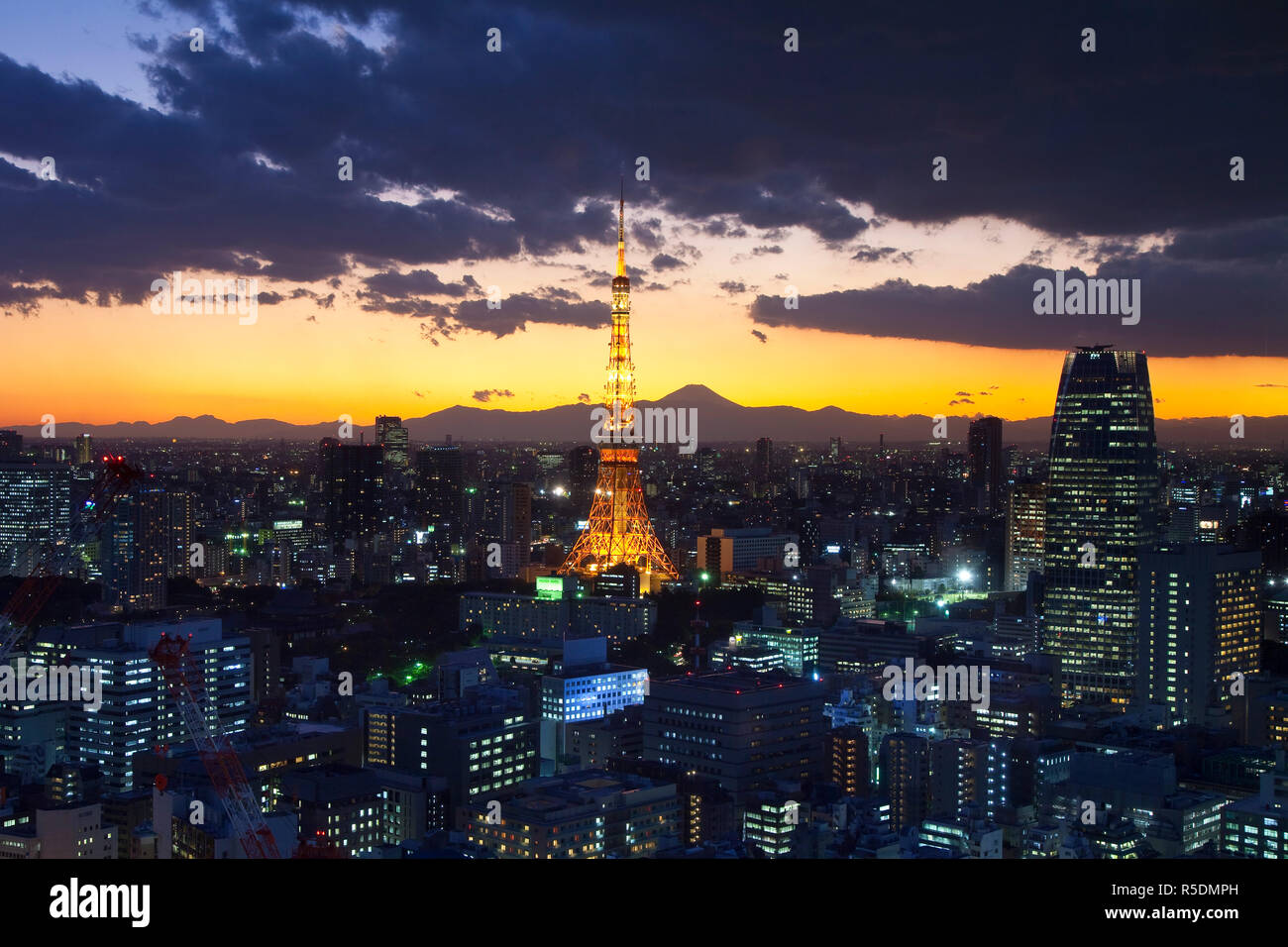 Tokyo Tower and Mt. Fuji from Shiodome, Tokyo, Japan Stock Photo