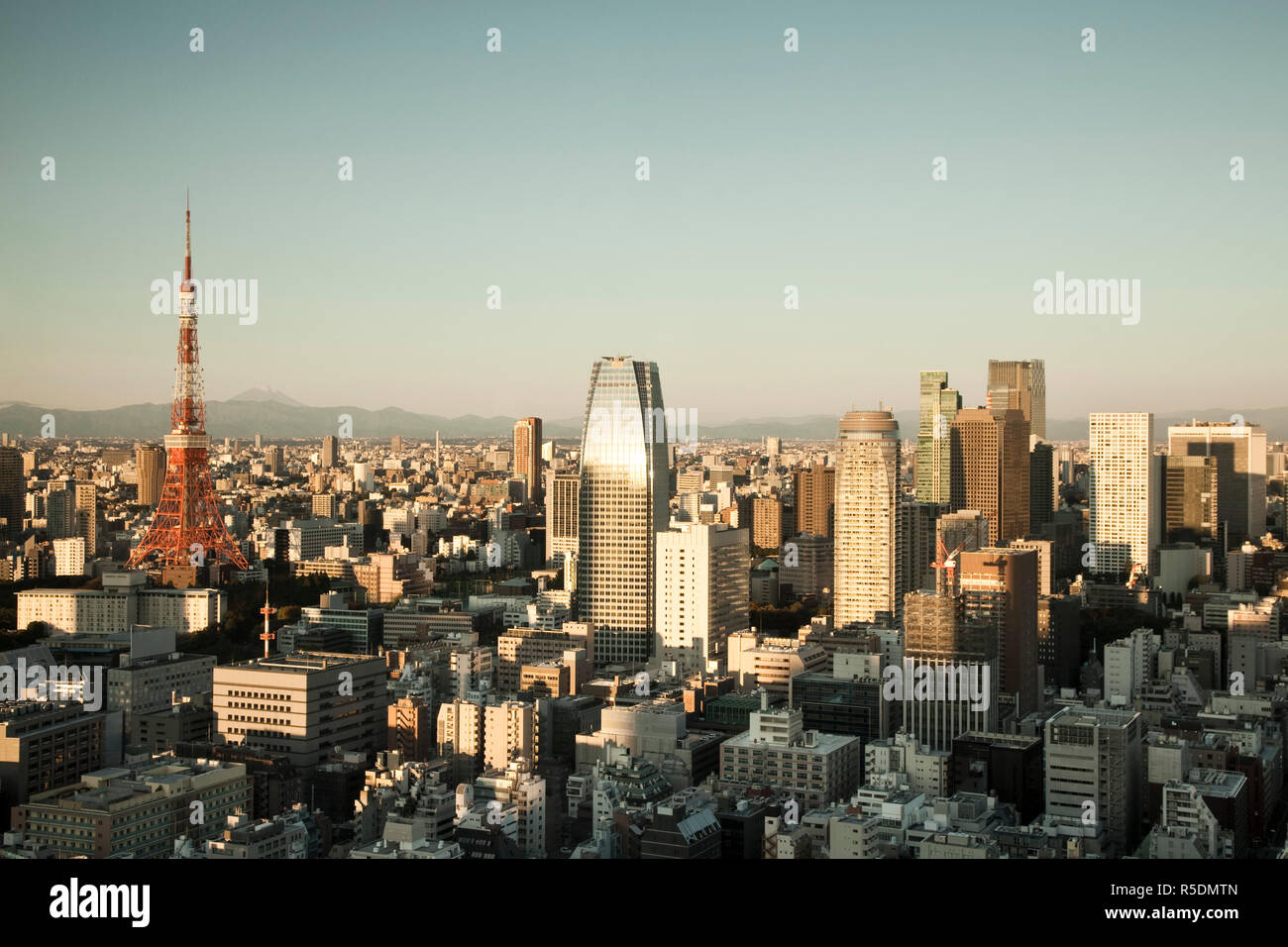 Tokyo Tower and Mt. Fuji from Shiodome, Tokyo, Japan Stock Photo