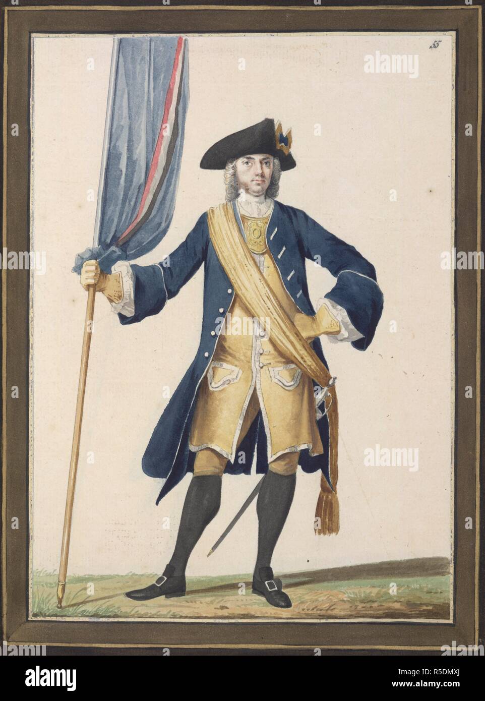 Dutch soldier holding standard. Drawings of Dutch Military Costumes and  Musket Exercises. Netherlands; 18th century. [Whole drawing] Illustration  of a Dutch soldier in uniform, with sash, holding a standard Image taken  from