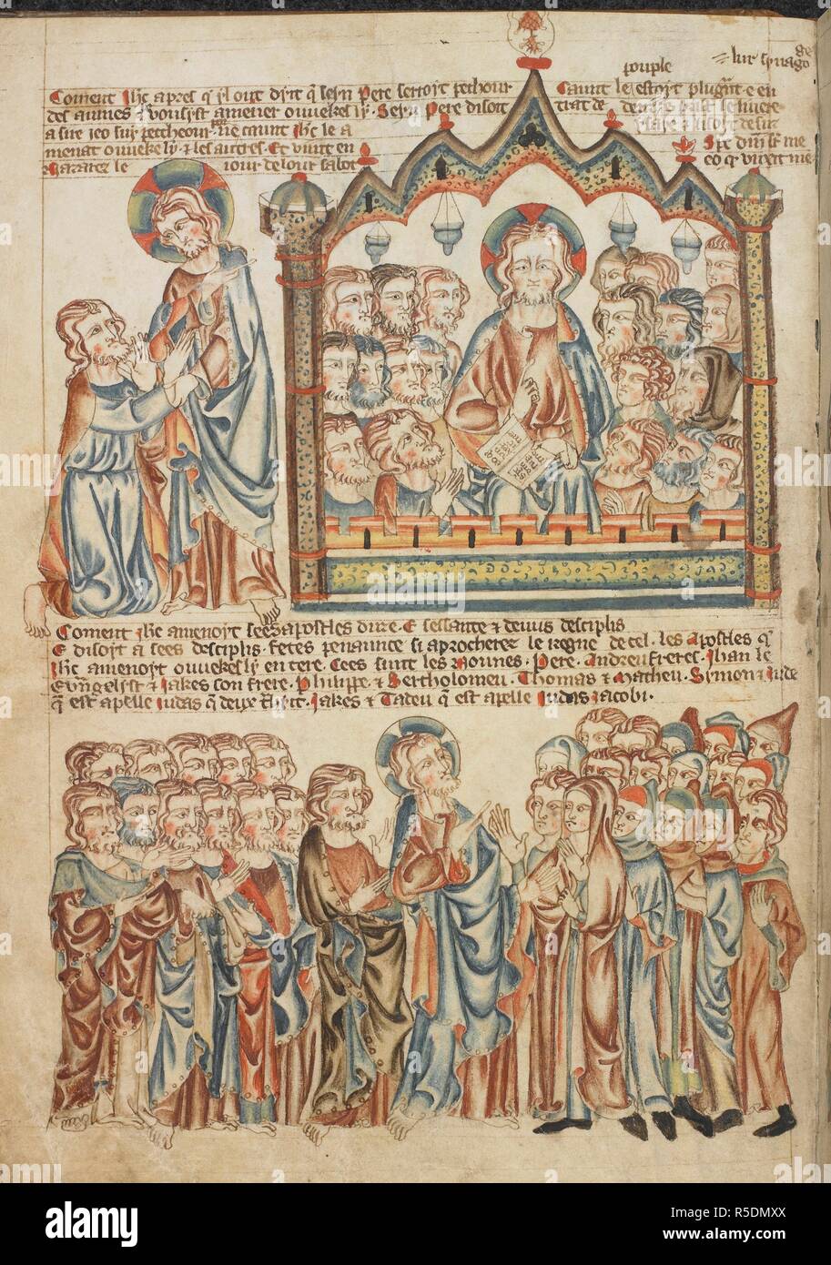 Christ charges St Peter to spread the Gospel; Christ reading in the synagogue; Christ and his twelve disciples, preaching to a crowd of followers, perhaps with St Mary Magdalene on the left. . Holkham Bible Picture Book. England, circa 1320-1330. Source: Add. 47682, f.22v. Stock Photo