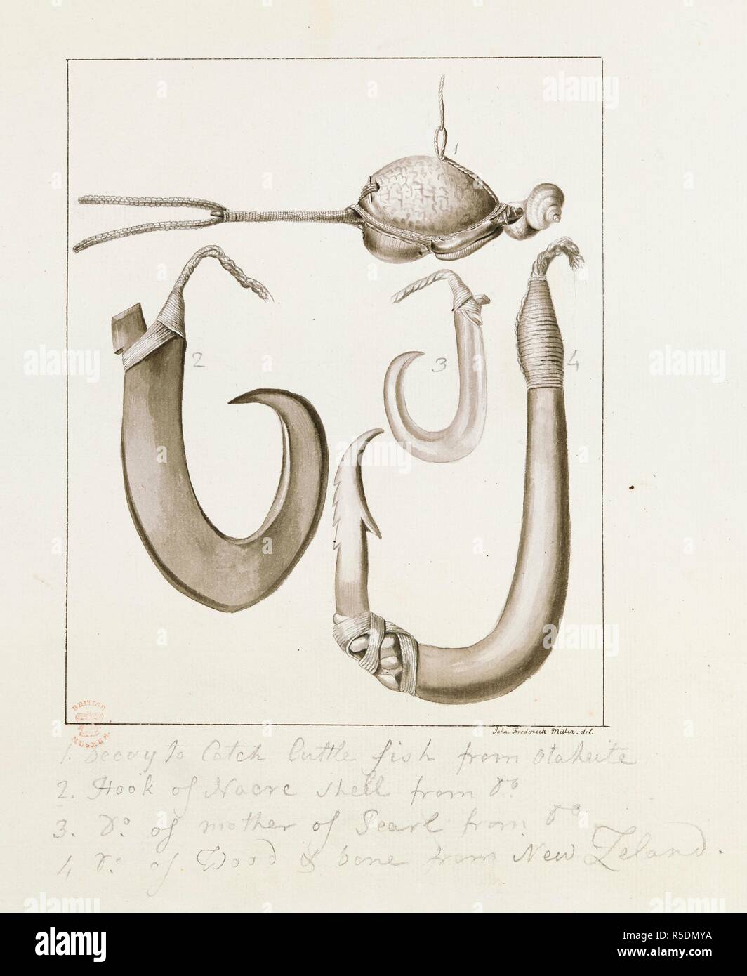 1. Decoy to catch Cuttle fish from Otaheite.  2. Hook of nacre shell from above.  3. Hook of Mother of Pearl from above.  4. Hook of wood and bone from New Zealand. DRAWINGS, in Indian ink, illustrative of Capt. Cook's first voyage, 1768 -1770, chiefly relating to Otaheite and New Zealand, by A. Buchan, John F. Miller, and others. 1768-1770. Source: Add. 15508, no.27. Stock Photo