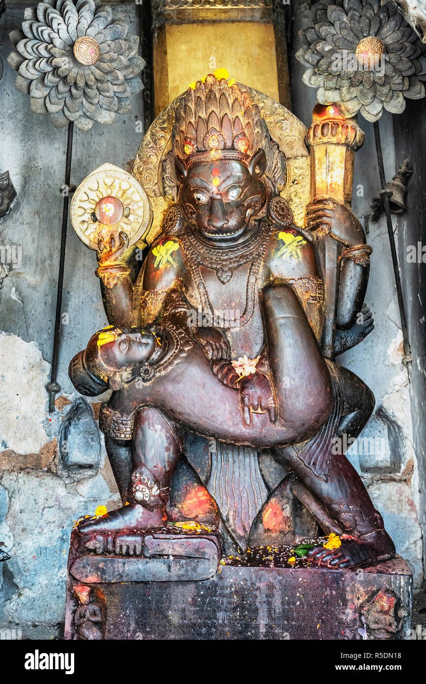 View at Taleju Temple stone Statue of Hanuman and Siva in Kathmandu, Nepal. Stock Photo