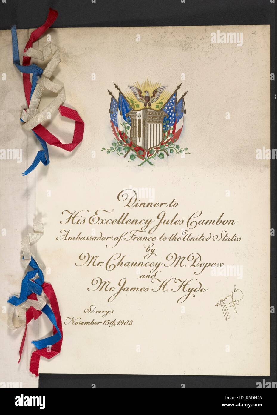 Menu cover. Dinner to his excellency Jules Gambon, Ambassador of France to the United States by Mr Chauncey M. Depew and Mr. James H. Hyde. Sherry's. November 15th, 1902. [A collection of menu cards of dinners and reports of celebrations in the United States of America in the years 1890-1904, formed by Miss F. E. Buttolph. Bound in three volumes.]. [1890-1904.]. Source: C.120.f.2 Volume 4 no. 26 (cover). Language: English. Stock Photo