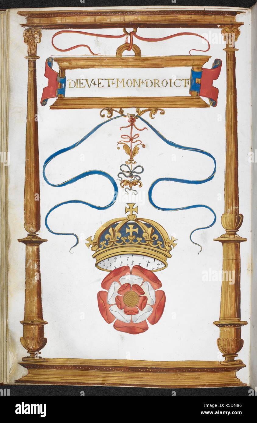 The motto and Henry VIII's badge of the Tudor Rose surmounted by a crown.  Jean Rotz, Boke of Idrography (The 'Rotz Atlas'). c 1535-1542. Source:  Royal MS 20 E IX f.31v. Language: