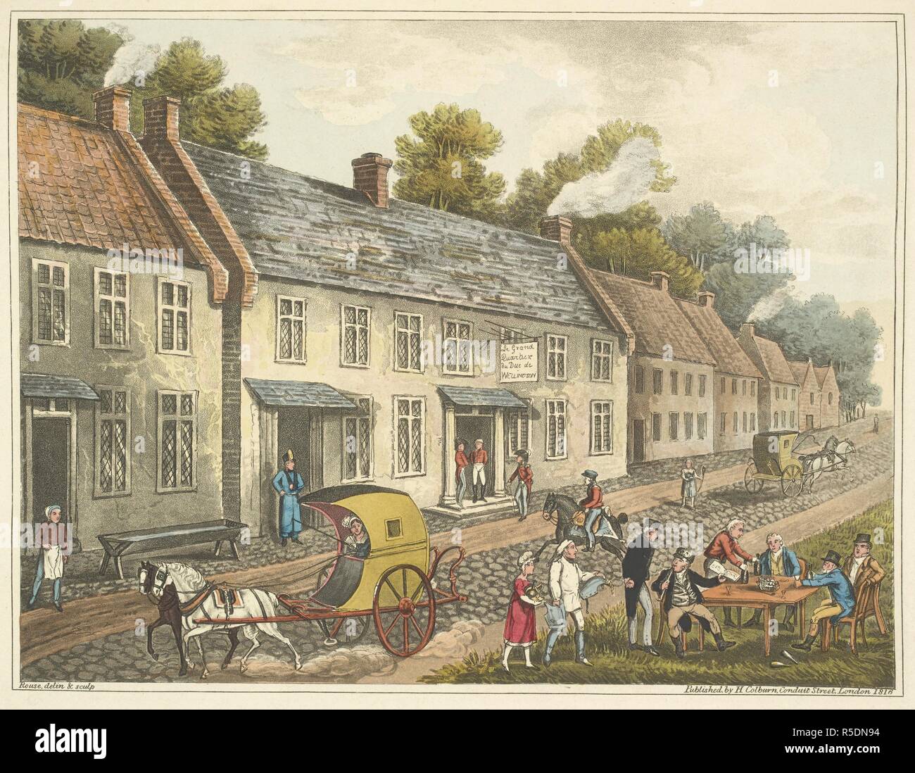 Head-quarters of the Duke of Wellington, in the village of Waterloo. Here his grace slept on the 17th, and the house is still called Wellington Hotel'. An Historical Account of the Campaign in the Netherlands, in 1815, under His Grace the Duke of Wellington, and Marshal Prince Blucher, comprising the battles of Ligny, Quatrebras, and Waterloo; with a detailed narrative of the political events connected with those memorable conflicts down to the surrender of Paris, and the departure of Bonaparte for St. Helena ... Embellished with ... plates ... from drawings ... by James Rouse. London : Henry  Stock Photo