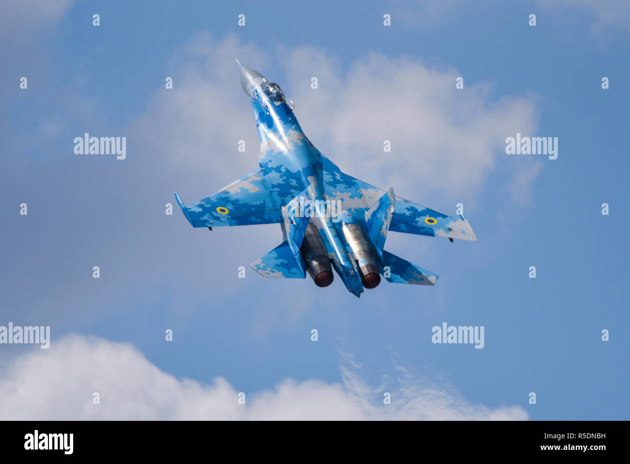 Ukrainian Air Force Sukhoi Su-27 Flanker fighter jet plane flying at the Royal International Air Tattoo, RIAT, RAF Fairford airshow. Soviet Russian Stock Photo