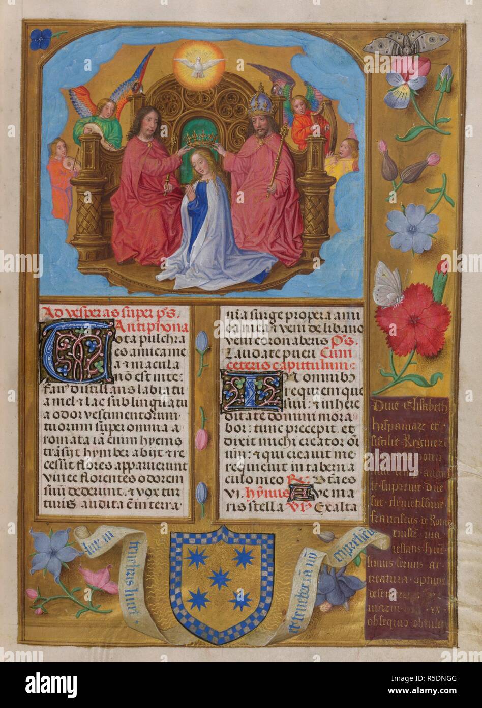 Coronation of the Virgin.  Sanctorale; feast of the Coronation of the Virgin; The Virgin kneeling, with Holy Spirit above; angels playing harp, fiddle,and lute.Text with decorated initials. Borders of trompe l'oeil decoration with flowers and insects. At foot, the arms of Francisco de Rojas, with scrolls containing inscription from John 1, 5, and a dedicatory inscription. Isabella Breviary. S. Netherlands [Bruges?]; circa 1490-1497. Source: Add. 18851, f.437. Language: Latin. Author: Master of James IV of Scotland. Stock Photo