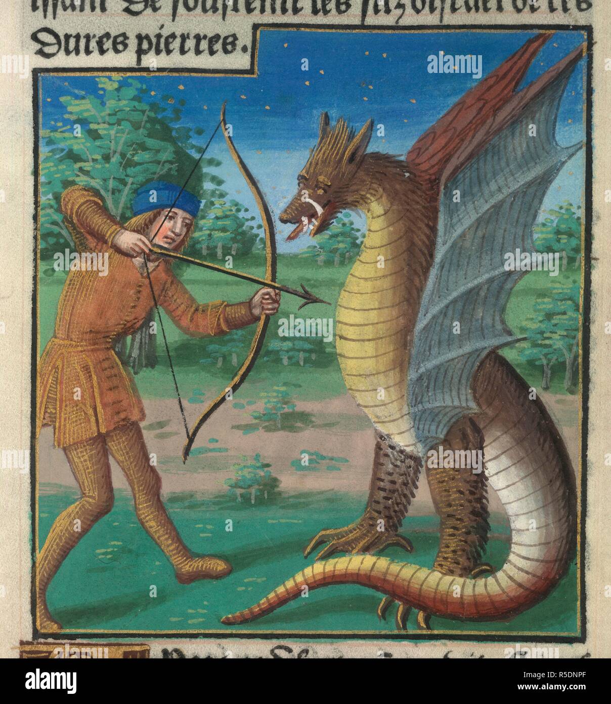 Killing the Python. Metamorphoses. Antoine VÃ©rard: Paris, 1494. (Miniature only) Phoebus Apollo kills the Python. Image taken from Metamorphoses. Source: IC.41148, VII. Language: French. Stock Photo
