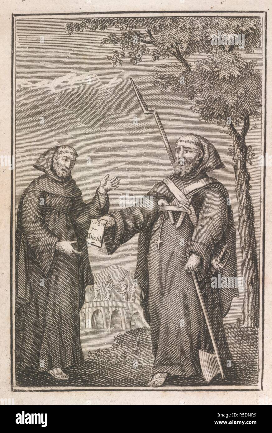 Michele Pezza, known as Fra Diavolo (1771â€“1806). A famous Neapolitan guerrilla leader who resisted the French occupation of Naples. Pezza figures prominently in folk lore and fiction. The picture shows him disguised as a priest about to cut down the â€œLiberty Treeâ€ which the French had planted, replacing it with a cross that still stands. Pezza was betrayed to the French, and hanged. . Les Exploits et les Amours de FrÃ¨re Diable. Paris, 1801. Source: 12315.aaa.45, frontispiece. Language: French. Stock Photo