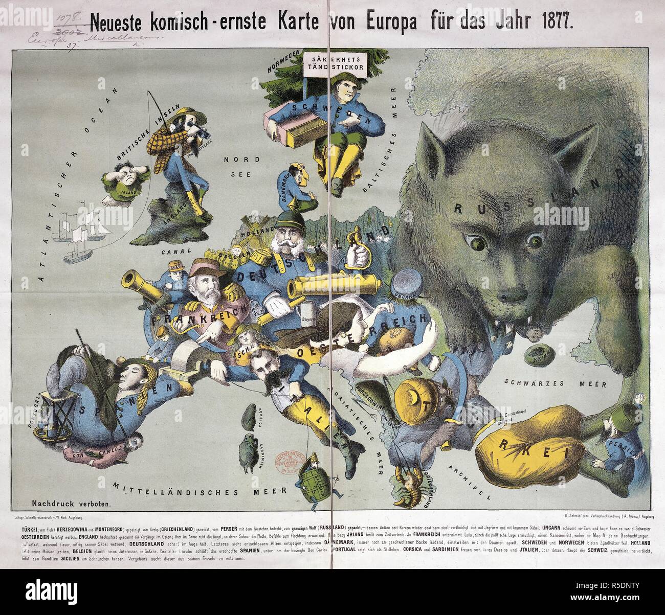 All illustrated map of Europe depicting each country with symbolic figures. Russia is depicted as a large creature. . Neueste komisch-ernste Karte von Europa fuÌˆr das Jahr 1877. Augsburg, 1877. Source: Maps.1078.(37). Stock Photo