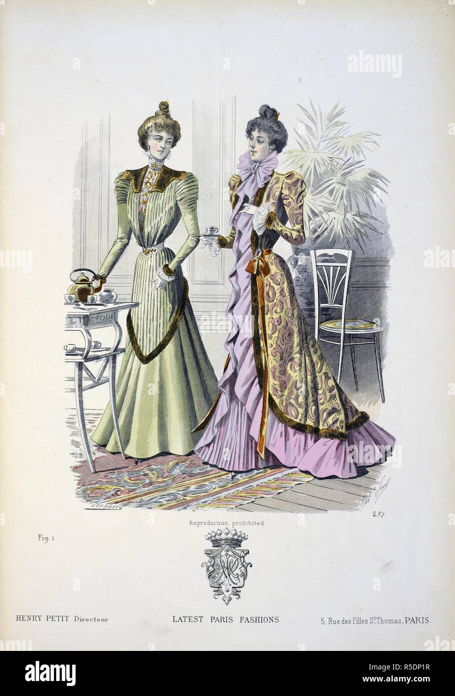 Green dress, fur trim. Purple / mauve dress. with floral over garment. The  latest Paris fashions : a monthly journal for English and American ladies.  Paris, France : 1898. Source: The latest