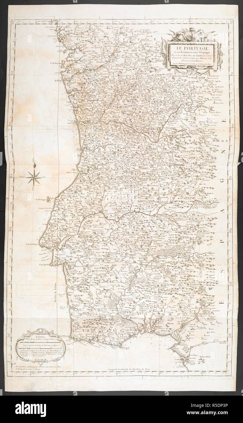A map of Portugal and its borders with Spain. LE PORTUGAL : et ses Frontieres avec l'Espagne. Paris : S. Bellin, 1762. Source: Maps K.Top.74.59. Language: French. Author: Jacques Nicolas Bellin. Stock Photo