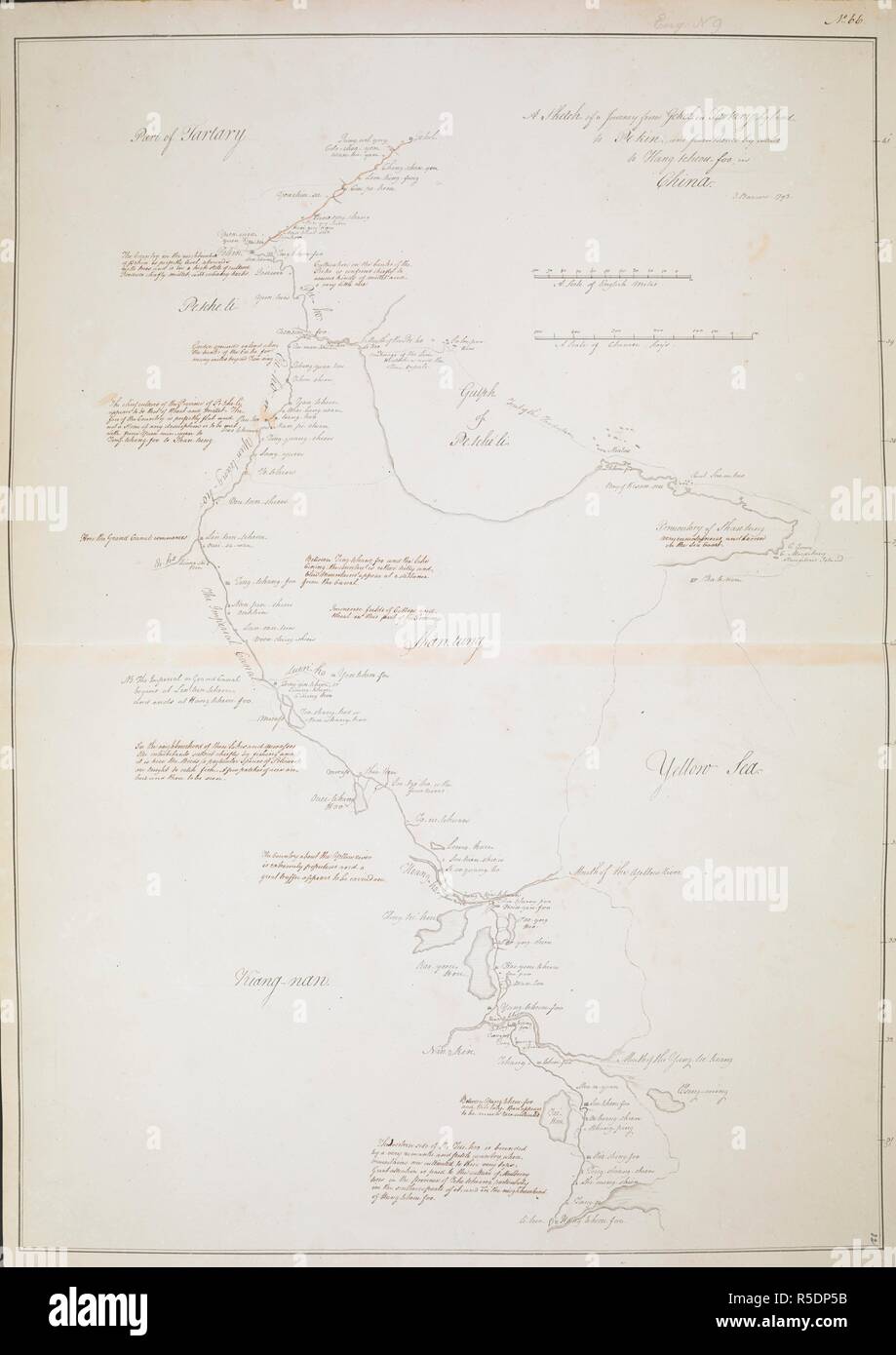 A sketch of a journey from Gehol in Tartary by land to Pekin, and from thence by water to Hang-tcheou-foo in China;' drawn in 1793 by J. Barrow, on a scale of 30 English miles to an inch. . A collection of eighty views, maps, portraits and drawings illustrative of the Embassy sent to China under George, Earl of Macartney, in 1793; drawn chiefly by William Alexander, some by Sir John Barrow, Bart., some by Sir Henry Woodbine Parish, and one by William Gomm.Engraved in Sir George Staunton's Account of Lord Macartney's Embassy, Atlas, No. 66. 1793. Ms. 2 f. 3 in. x 1 f. 7 in.; 69 x 48 cm.; Scale  Stock Photo