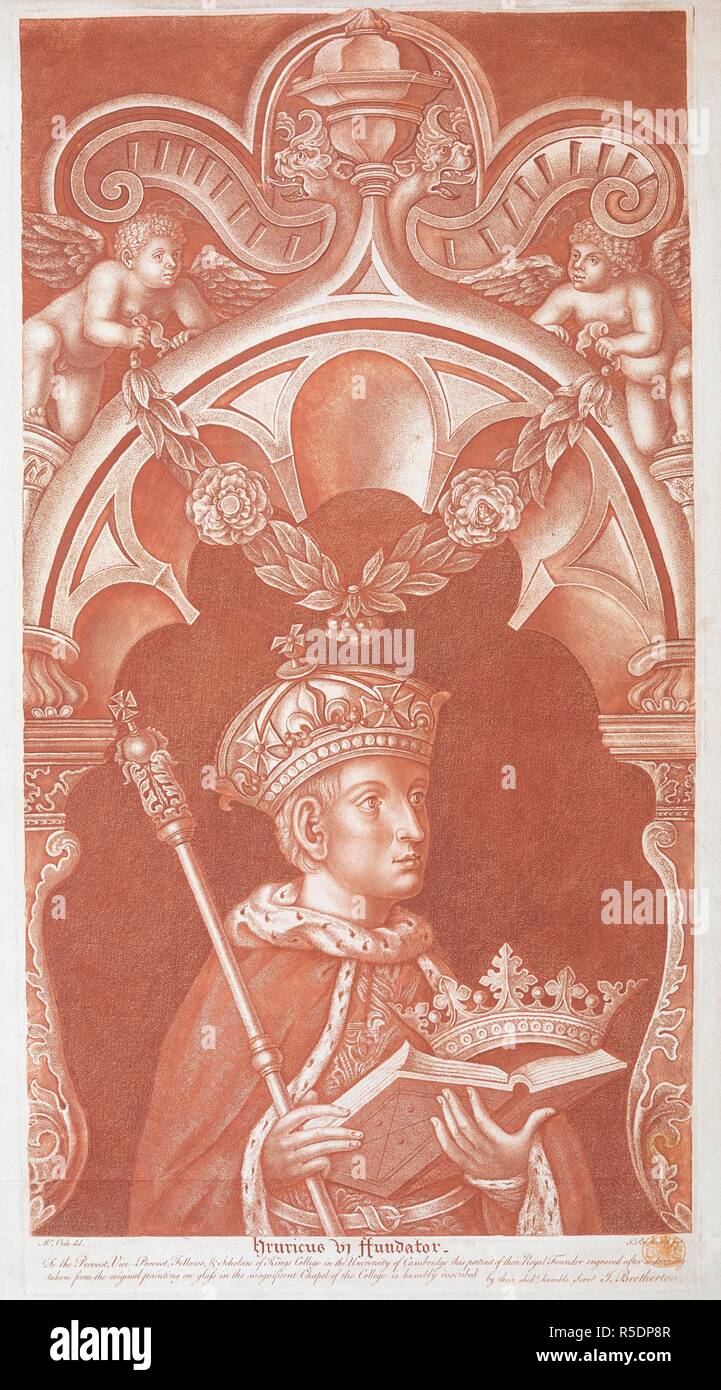 A print depicting a stained glass window panel of Henry VI in King's College Chapel, Cambridge  . HENRICUS VI FUNDATOR : To the Provost, Vice Provost, Fellows, & Scholars of King's College in the University of Cambridge this portrait of the Royal Founder engraved after a drawing taken from the original painting on glass in the magnificent Chapel of The College is humbly inscribed by their obedt humble servt J. Bretherton. [England] : [publisher not identified], [before 1799]. Stipple engraving and etching printed in red ink. Source: Maps K.Top.8.58.q. Language: English. Stock Photo