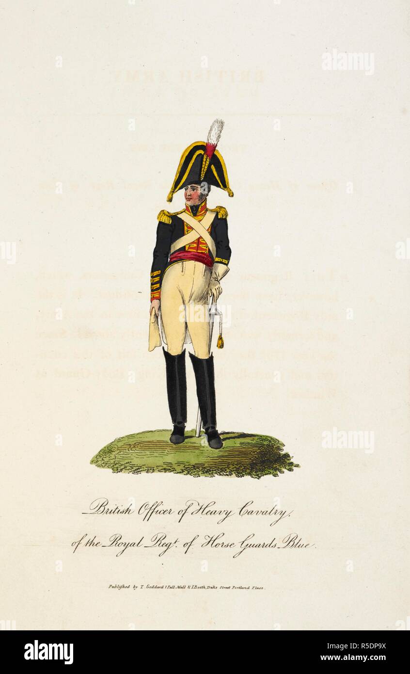 British officer of heavy cavalry, of the Royal Regiment of Horse Guards Blue. He wears a cocked hat and blue jacket, with gold epaulettes. He is armed with a sword. The Military Costume of Europe exhibited in a series of ... Military Figures in the uniform of their several corps, with a concise description, etc. London, 1812-22. Source: 140.g.21 volume 1. Stock Photo