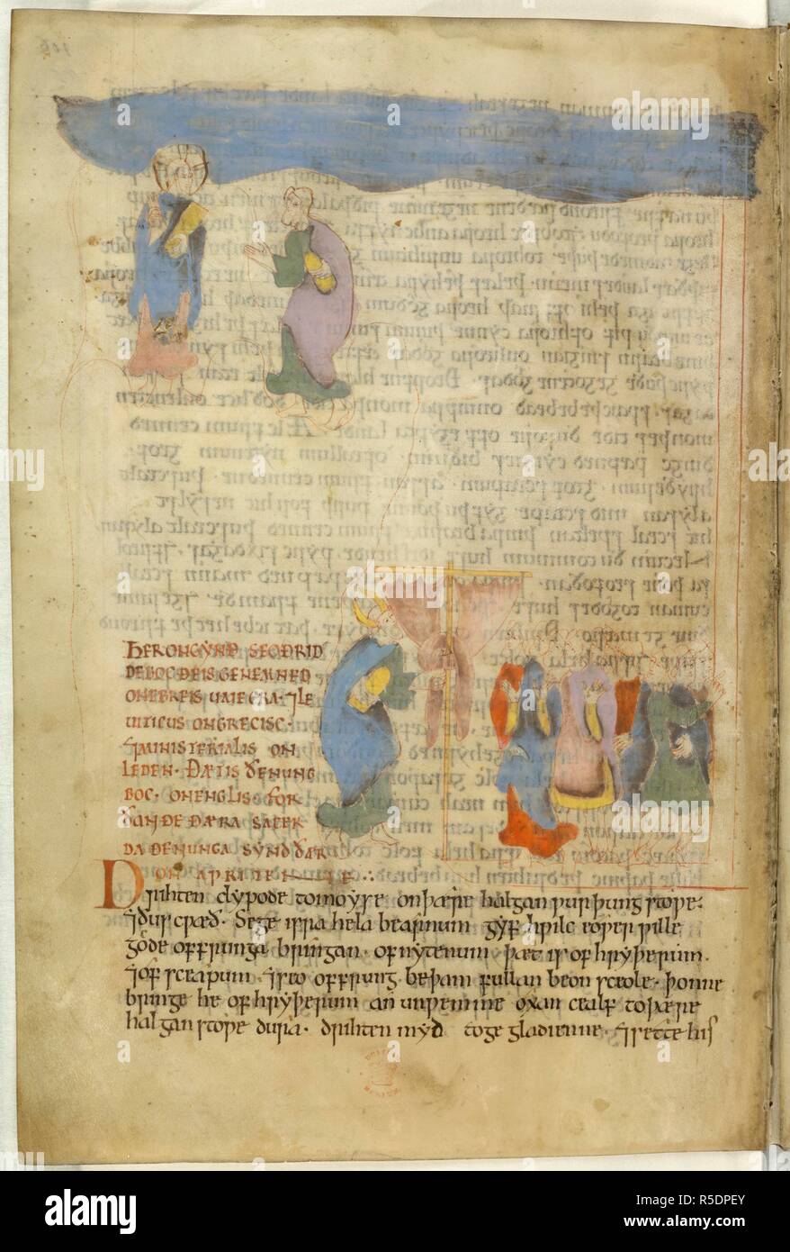Moses receives the Tablets. Old English Illustrated Hexateuch. England [Canterbury]; second quarter of 11th centu. (Whole folio) Exodus 34, 4-33. God speaks to Moses on Mount Sinai. Below; Moses returns to the Israelites with the Tablets of the Law; he is horned, and veils his face before the Israelites  Image taken from Old English Illustrated Hexateuch.  Originally published/produced in England [Canterbury]; second quarter of 11th century. . Source: Cotton Claudius B. IV, f.105v. Language: Anglo-Saxon. Stock Photo
