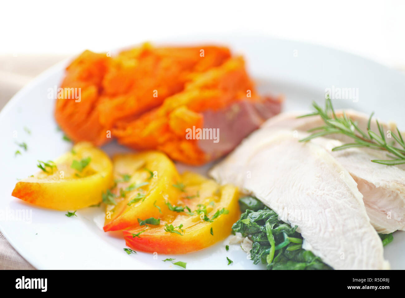 Chicken dinner with sweet potato Stock Photo - Alamy