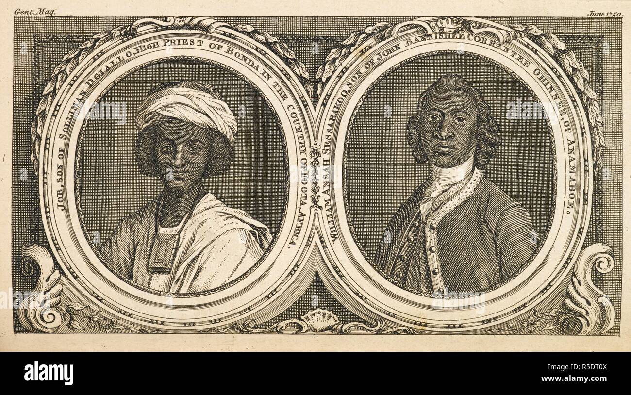 Job, son of Solliman Dgiallo, High Priest of Bonda in the Country of Foota,  Africa.' Portrait head and shoulders of a black man wearing a book around  his neck and a turban,