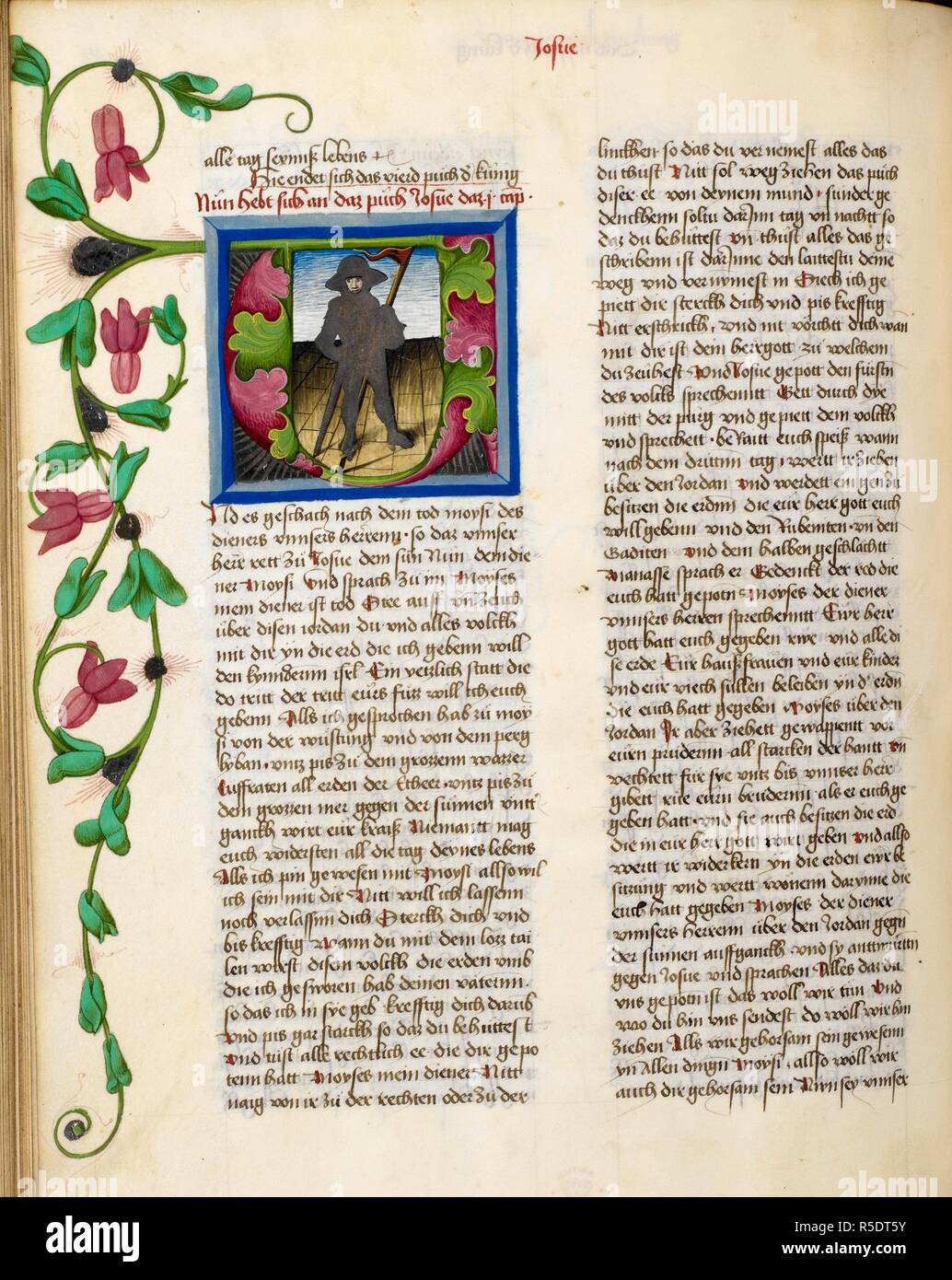 Historiated initial 'U'(nd) of Joshua with a hat and holding a flag, from the beginning of the Book of Joshua. Text and a flower in the border. . The Old Testament in German. [ (volume 1), Genesis to Ruth, with prologues.]. Germany, S. (Regensburg),1465. Source: Egerton 1895, f.283v. Language: English/German. Author: Furtmeyr, Berthold. Rorer, George. Stock Photo