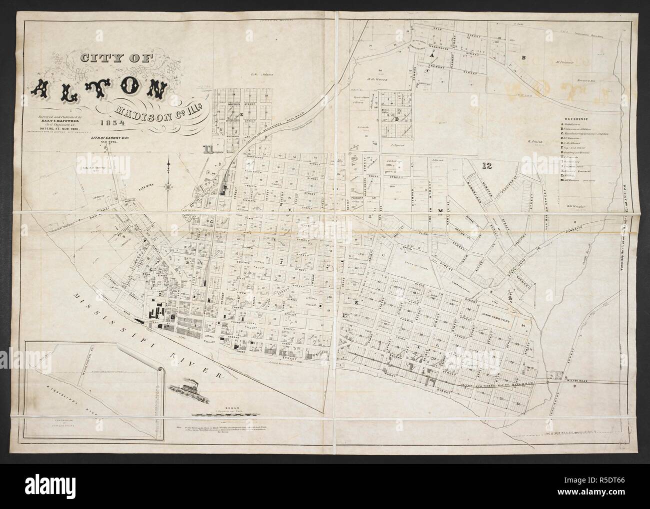 A map of Alton, Madison County, Illinois. City of Alton. Surveyed and published by Hart and Mapother, Civil Engineers ... Scale, 5 chains to an inch. New York, 1854. Source: Maps 72790.(9.). Language: English. Stock Photo