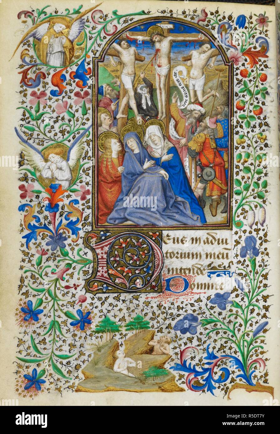 Miniature of the Crucifixion of Christ between the two thieves, with the Virgin and John the Evangelist at his feet, with a full foliate border including two weeping angels and two dead people rising from their graves, at the beginning of None of the Passion. Book of Hours, Use of Rome ('The Dunois Hours'). France, Central (Paris); c. 1440 - c. 1450 (after 1436). Source: Yates Thompson 3, f.142v. Language: Latin, with a French calendar. Stock Photo