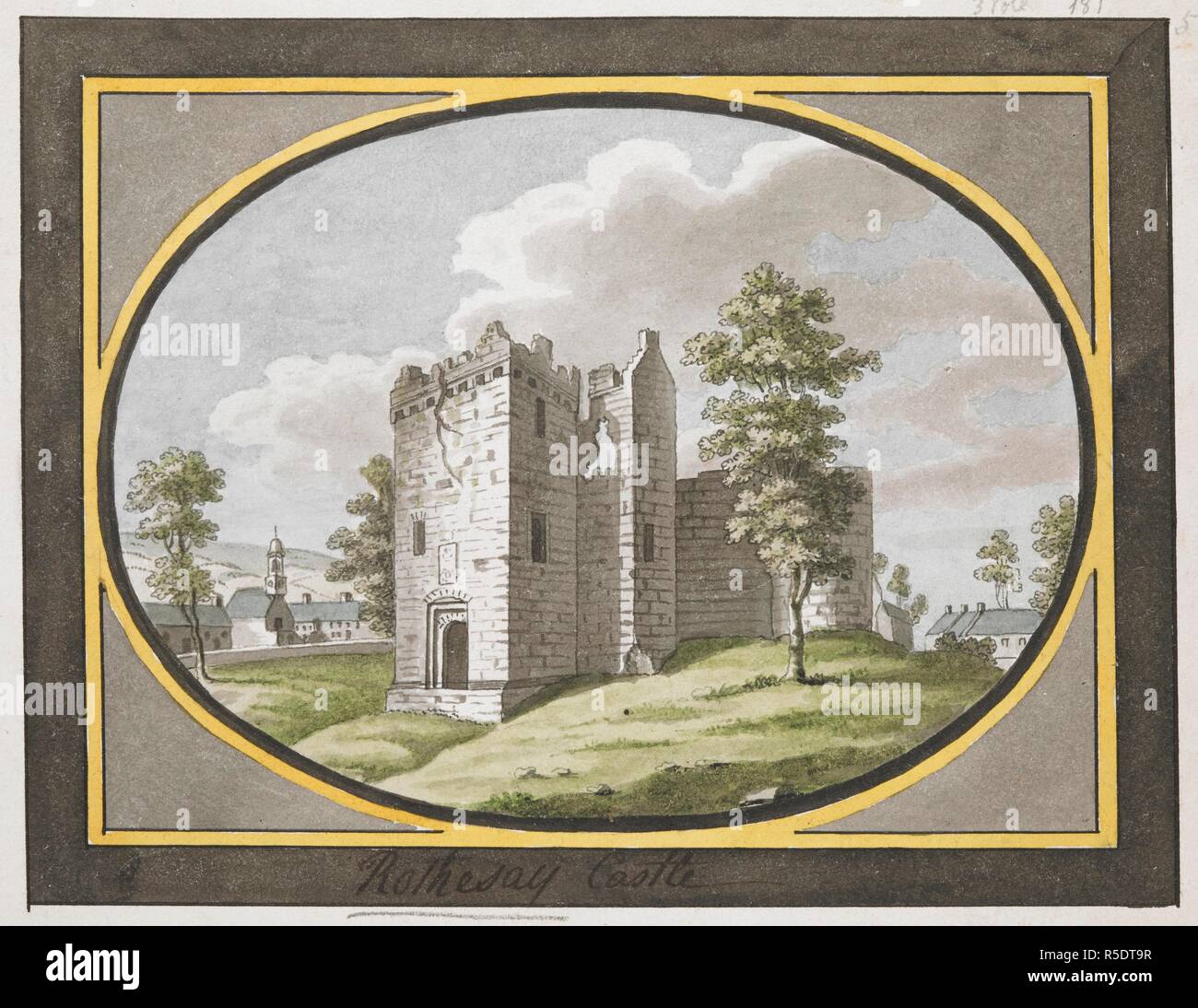 A view of Rothesay Castle. A colored view of Rothesay Castle. ca. 1750-1800. Source: Maps K.Top.49.47.1. Language: English. Stock Photo