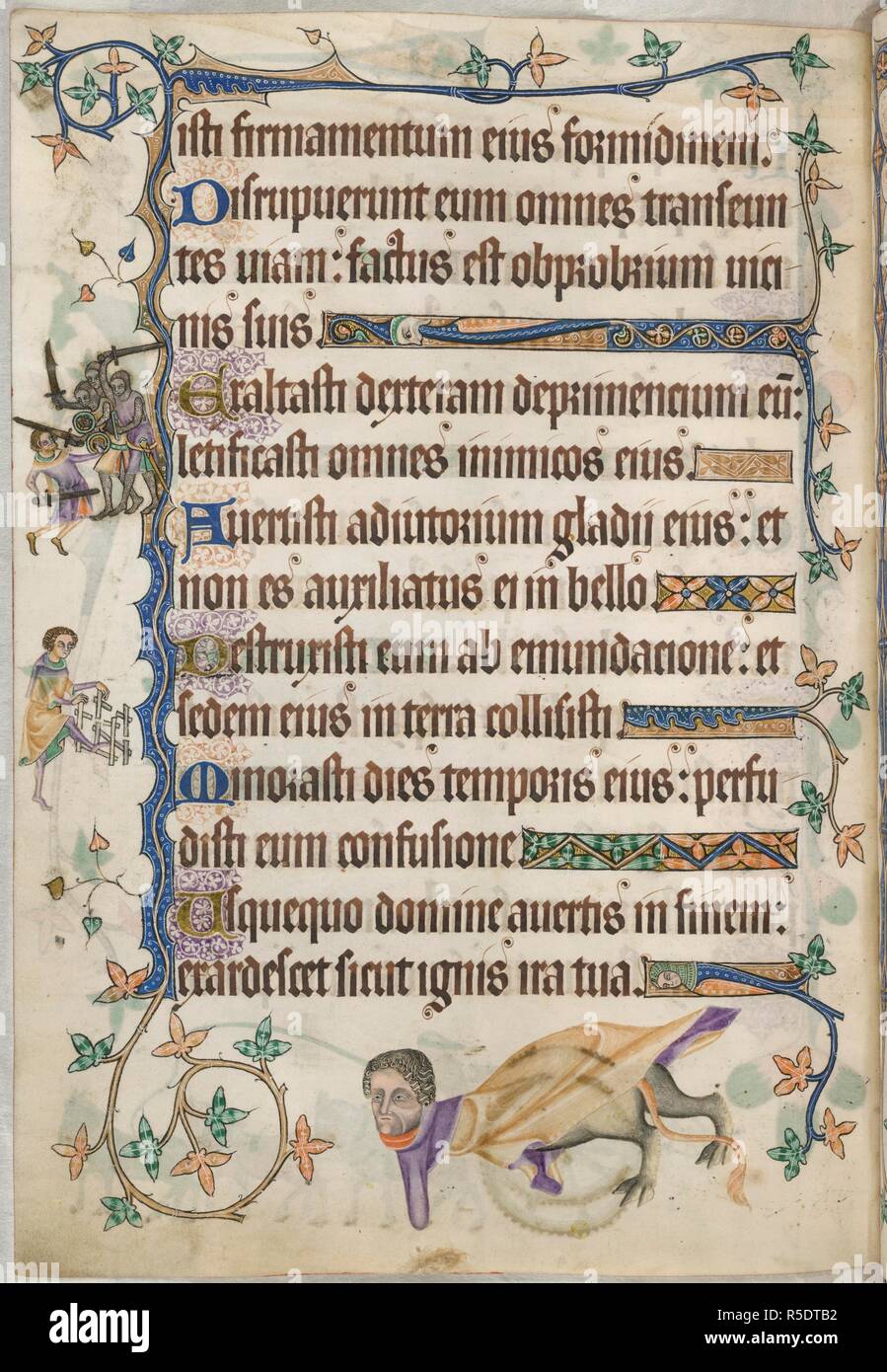 Soldiers attack civilian. Luttrell Psalter. England [East Anglia]; circa 1325-1335. [Whole folio] Psalm 88. Border decoration with a grotesque in the lower margin. Marginal drawing of three men-at-arms, two with swords, one with falchion [single handed one edged sword], attacking a civilian armed with sword and buckler, the centre knight cutting through his head; illustrating verse 44. Below, a man with his left foot on a broken fence, relating to verse 41  Image taken from Luttrell Psalter.  Originally published/produced in England [East Anglia]; circa 1325-1335. . Source: Add. 42130, f.162v. Stock Photo