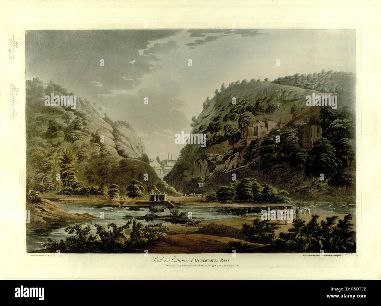 Gandikotta Pass, on the Pennar River; a landscape with steep, tree-covered hills; rocks on either side; figures riding through a cut between the rocks, towards buildings in the background; buildings in the distance. Southern Entrance of GUNDECOTTA PASS. [London] ; [Bengal] : Published according to Act of Parliament Jan 1st 1799 by Thos. Anburey Bengal & by F. Jukes, Howland Street London, [January 1 1799]. Source: Maps K.Top.115.20.1.c. Stock Photo