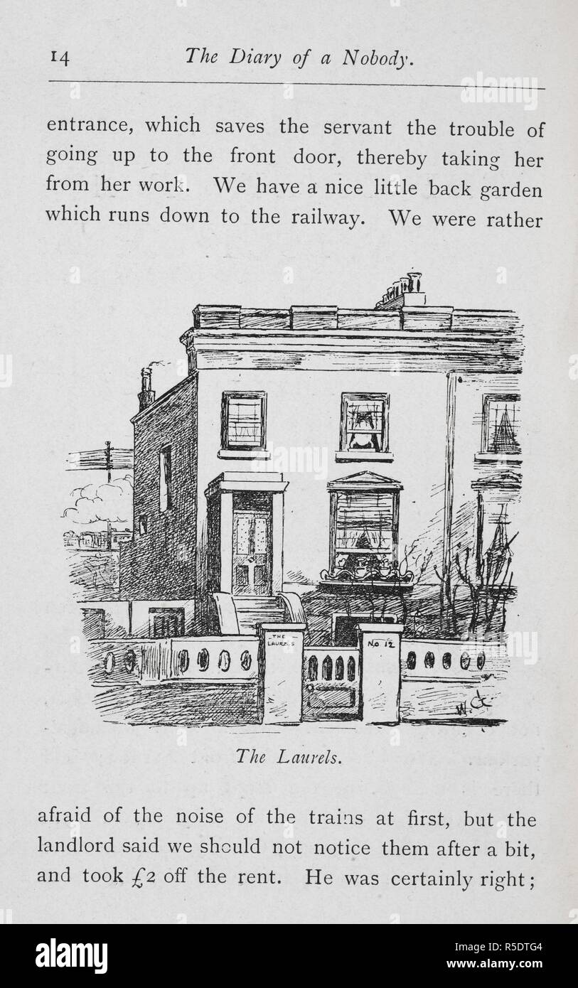 The Laurels', the Pooters' home in upper Holloway. Illustration for this English comic novel set in the London suburbs. . The Diary of a Nobody [Reprinted, with additions, from Punch] With illustrations by W Grossmith]. Bristol : J. W. Arrowsmith, [1892]. Source: 012314.f.25 page 14. Author: Grossmith, George. Grossmith, Weedon. Stock Photo