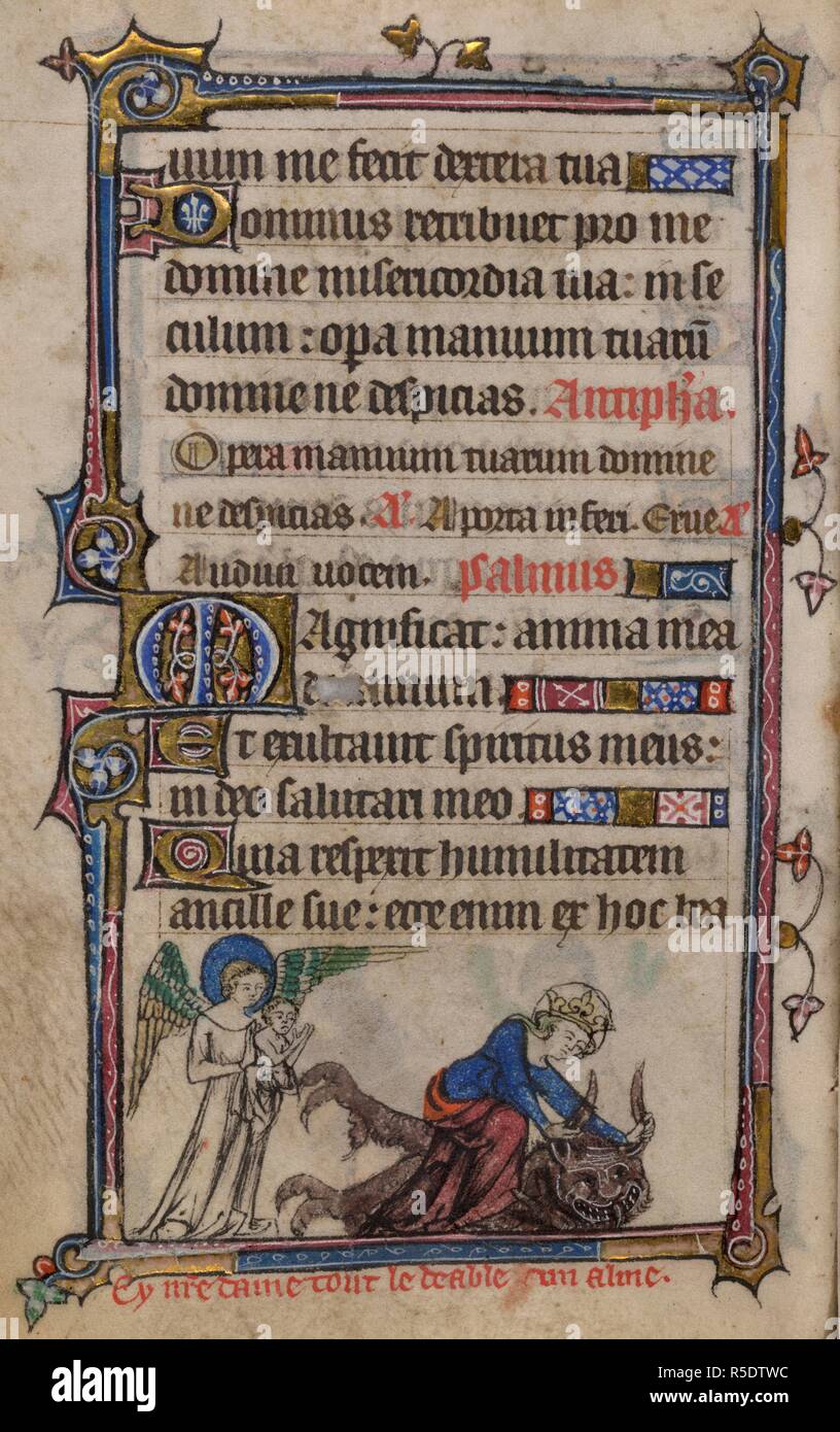 Bas-de-page scene of the Virgin Mary pulling on the horns of a vanquished devil, while on the right, an angel holds a rescued soul, with a caption reading, â€˜Cy n[ost]re dame tout le deable un almeâ€™ . Book of Hours, Use of Sarum ('The Taymouth Hours'). England, S. E.? (London?); 2nd quarter of the 14th century. Source: Yates Thompson 13, f.155v. Language: Latin and French. Stock Photo