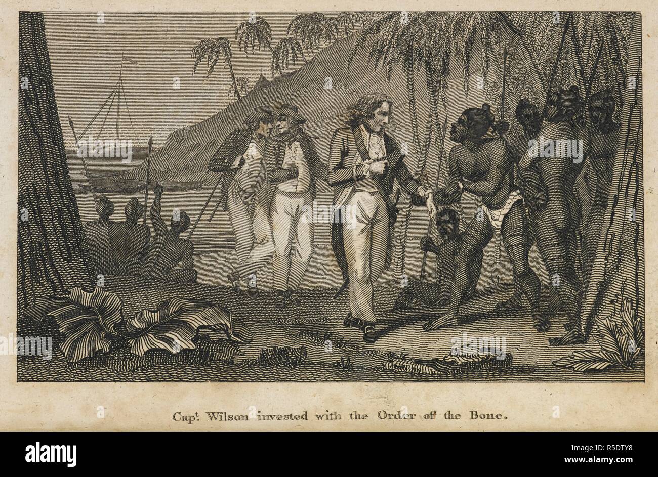 Capt' Wilson invested with the order of the bone.' Henry Wilson (1740â€“1810) was an English naval captain of the British East India Company. He commanded the packet ship Antelope, when it shipwrecked off Ulong Island, near Koror Island in Palau (Pelew)in 1783. Narrative of the Shipwreck of the Antelope, East-India Pacquet, on the Pelew Islands ... in August, 1783. Source: 16126.d.3.(). Language: Japanese. Stock Photo