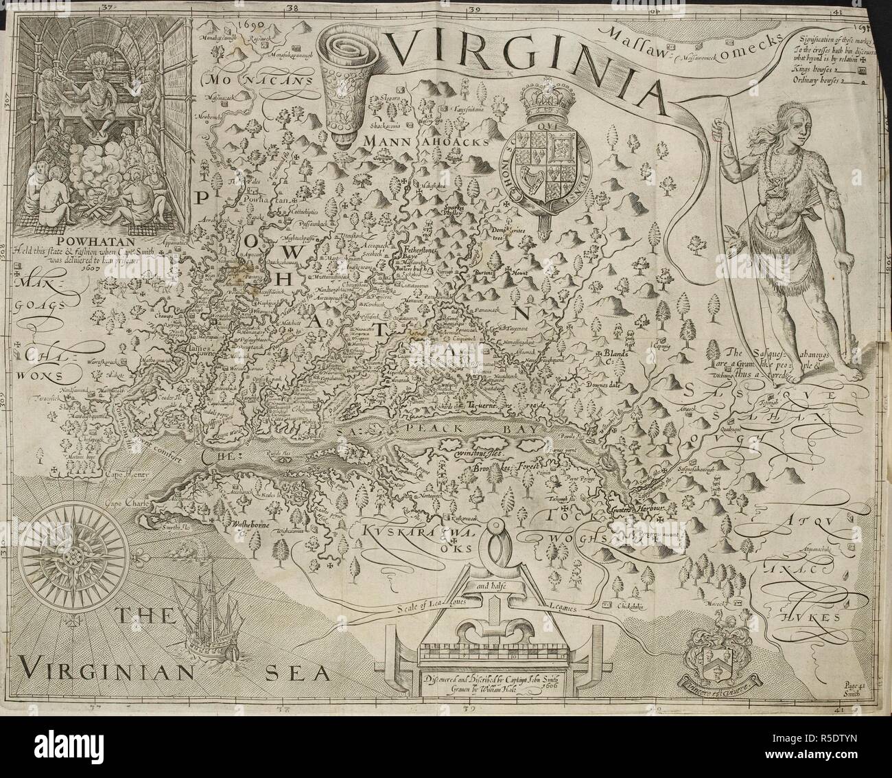 A folded map of Virginia. In the top left corner, an illustration showing the chief Powhatan, deciding the fate of his prisoner, Captain Smith. Powhatan refers to the leader of the tribe and the name of the Virginian indian tribes, also known as Algonquians. A Map of Virginia. With a description of the country, the commodities, people, government and religion. Written by Captaine Smith ... Oxford : Joseph Barnes, 1612. Source: G.7120 Map before page 1. Stock Photo