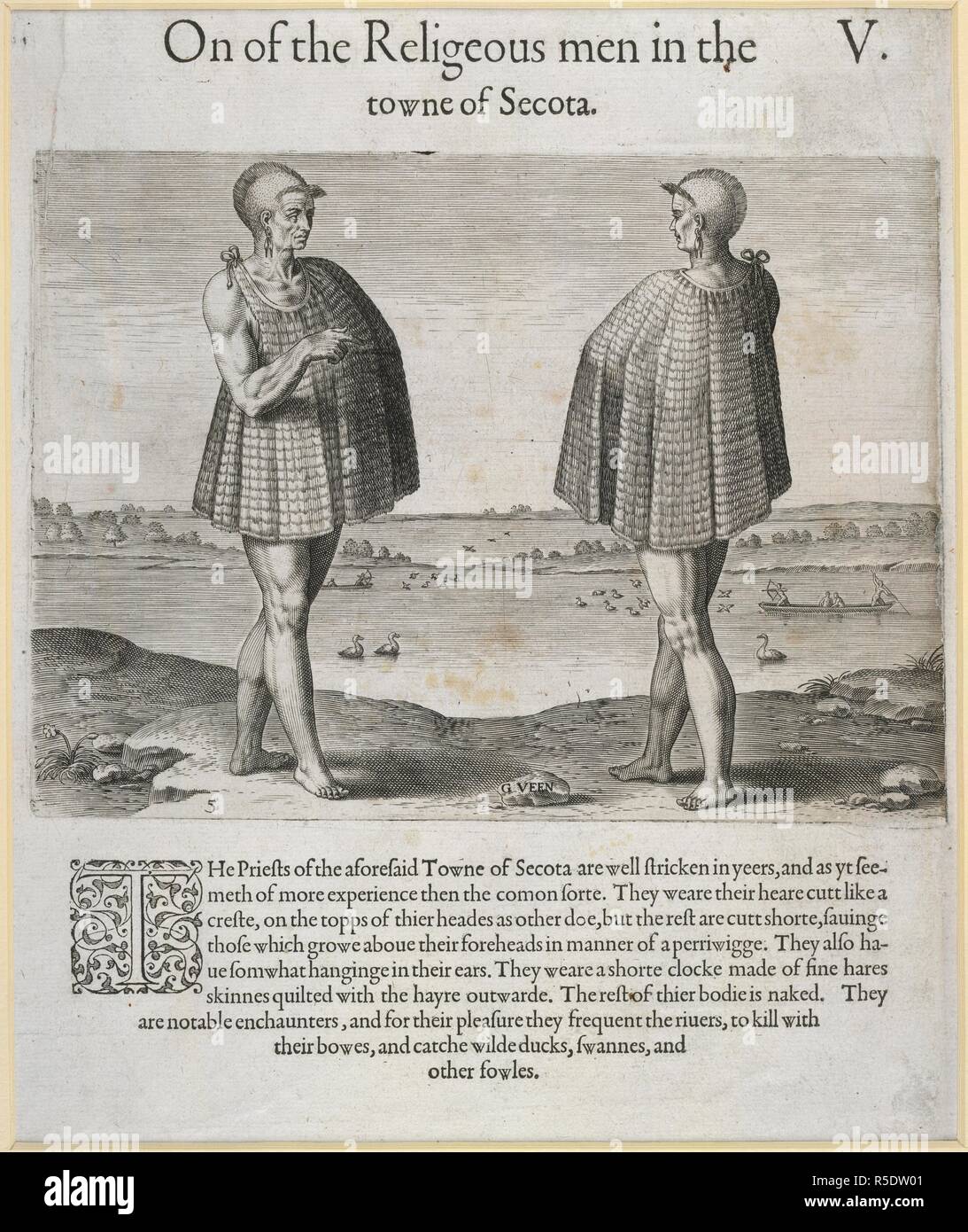 'On the religious men in the towne of Secota'. Two holy men or priests. [America.-Part I.-English.] A briefe and true report of the new found land of Virginia, of the commodities and of the nature and manners of the naturall inhabitants. Discouered by the English Colony there seated by Sir R. Greinuile In 1585 This fore booke is made in English by Thomas Hariot. Frankfurt, 1590. Source: C.38.i.18, plate 5 page 9. Language: English. Stock Photo