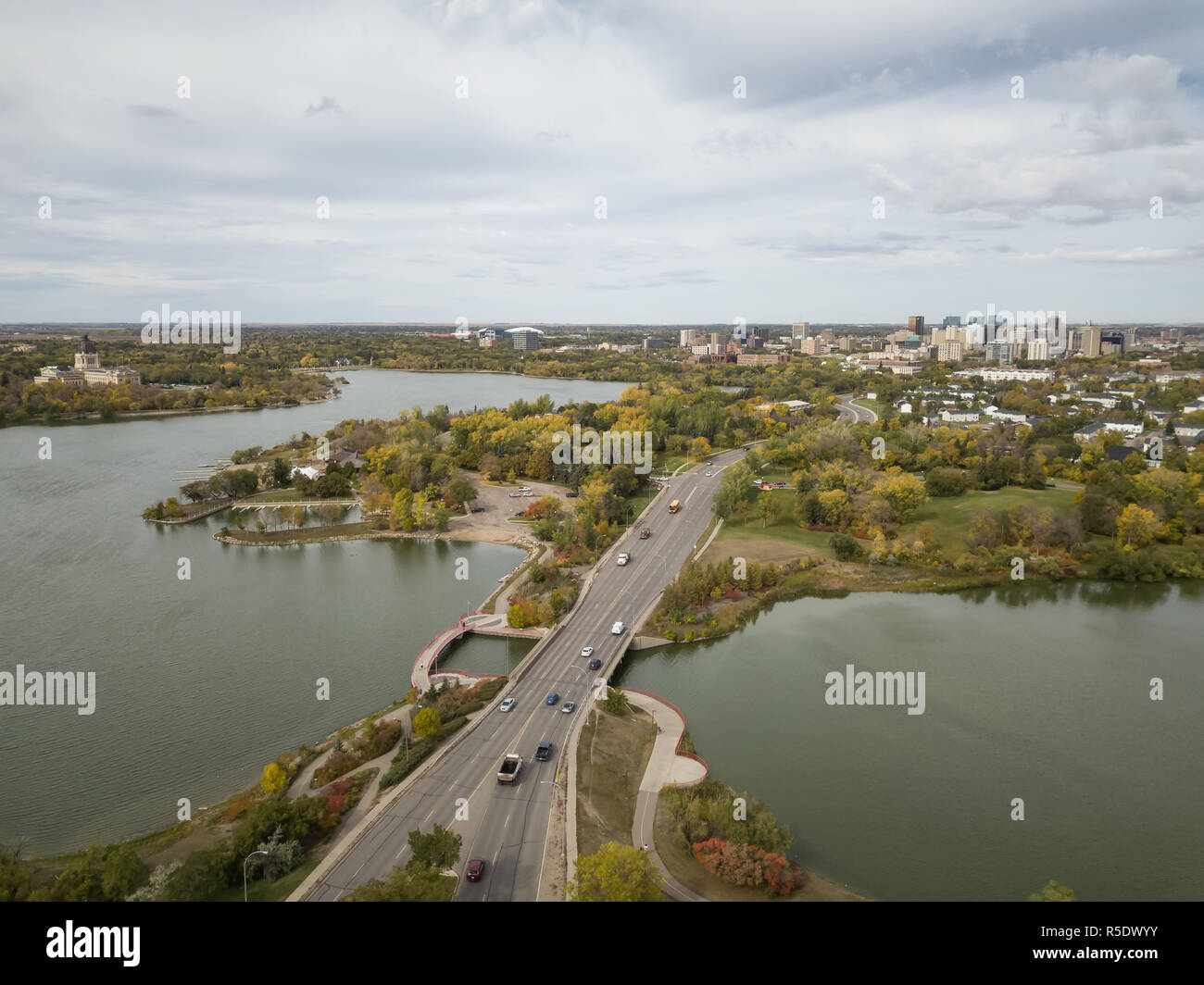 Aerial view of Wascana Lake during a vibrant day in the Fall Season. Taken in Regina, Saskatchewan, Canada. Stock Photo