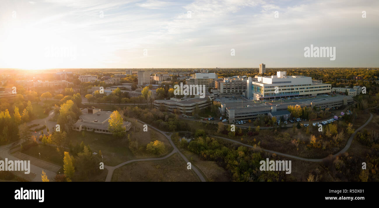 Aerial panoramic view of Royal University Hospital during a vibrant