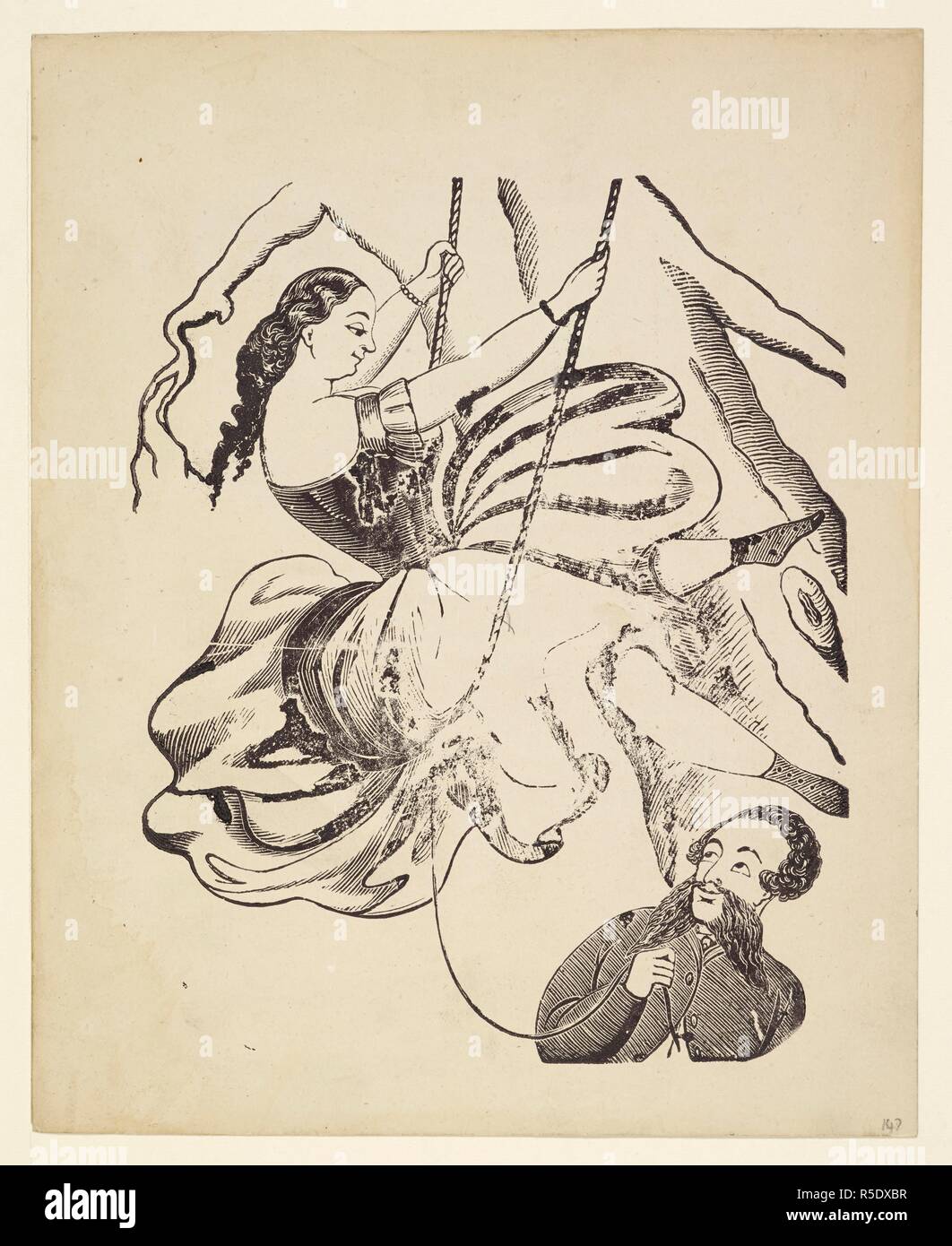 Illustration for a Valentine card. A young woman on a swing, above a man. [A collection of 111 Valentines.] (There are 161 plates). [London, 1845-50?]. Source: HS.85/2 plate 147. Stock Photo
