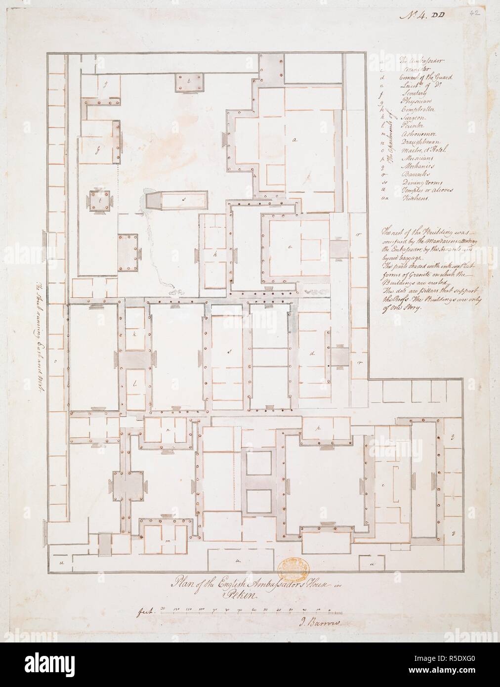 A plan of the English Embassador's (Lord Macartney's) house in Pekin; drawn by Sir John Barrow, Bart., on a scale of 30 feet to an inch.  . A collection of eighty views, maps, portraits and drawings illustrative of the Embassy sent to China under George, Earl of Macartney, in 1793; drawn chiefly by William Alexander, some by Sir John Barrow, Bart., some by Sir Henry Woodbine Parish, and one by William Gomm. Many of them are engraved in Sir George Staunton's Narrative of the Embassy, published in 1797. 1793-1794. Ms. 1 f. 4 in. x 1 f. 1 in.; 41 x 33 cm.; Scale 1: 360. 30 feet to an inch. Source Stock Photo