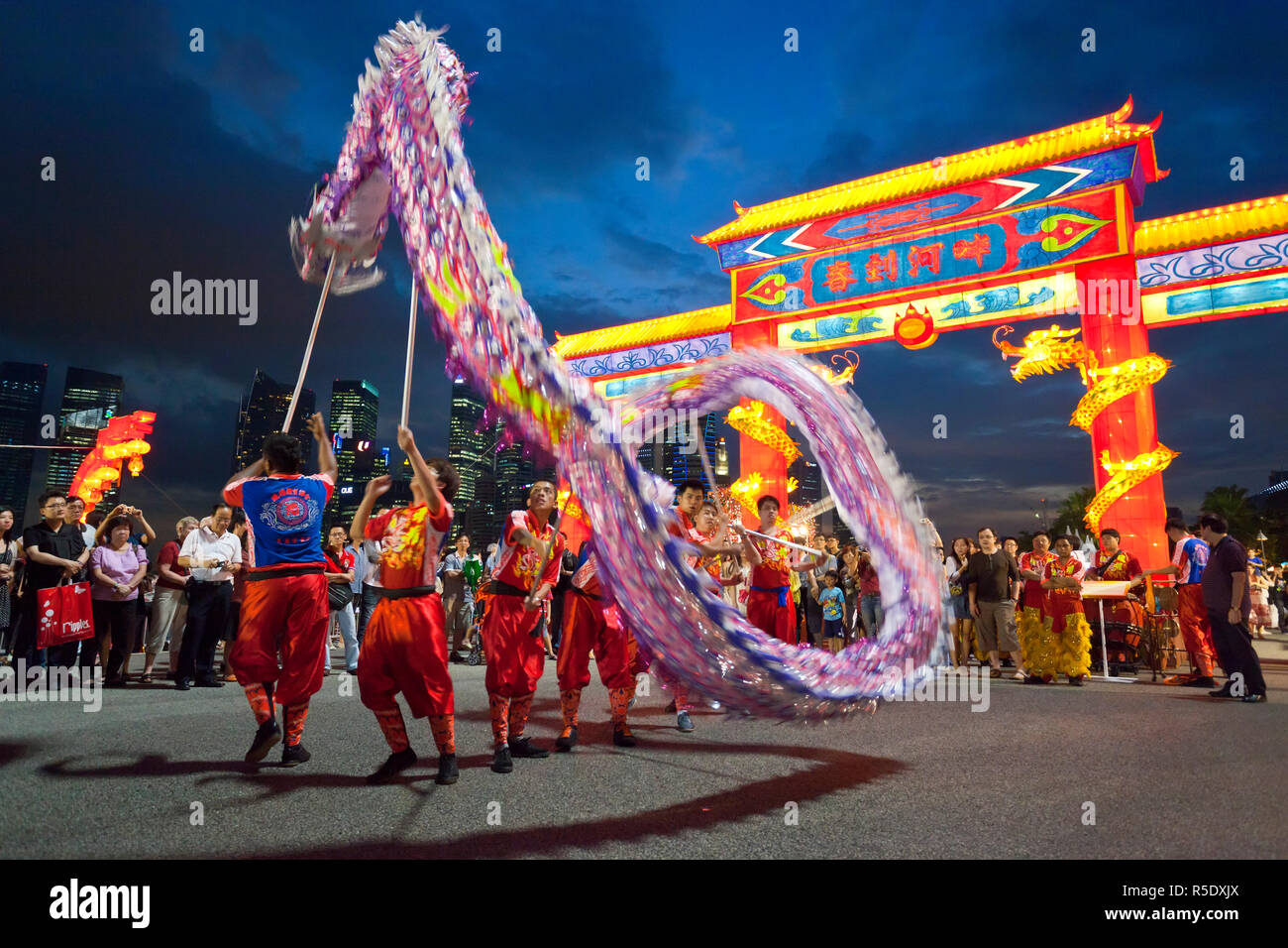 Decorations and Chinese dragons for celebrating Chinese New Year set up in  the foyer of the Pan Pacific Marina Bay Hotel, Singapore Stock Photo - Alamy