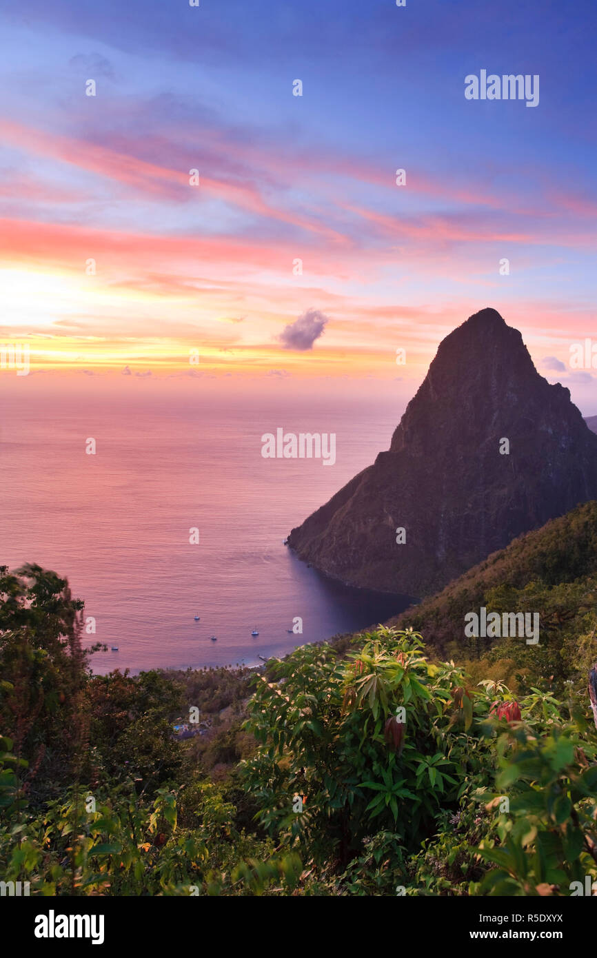 Caribbean, St Lucia, Petit Piton and Anse des Pitons Beach Stock Photo