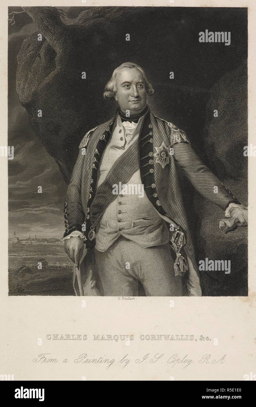 Engraving of Charles Marquis Cornwallis, 18th century general in the Army in the American Revolutionary War, and later Governor General of India. From a painting by J.S. Copley R.A. Charles Marquis Cornwallis. (1738-1803). Artist: Stodart, George J. (d.1884). Source: P3177. Stock Photo