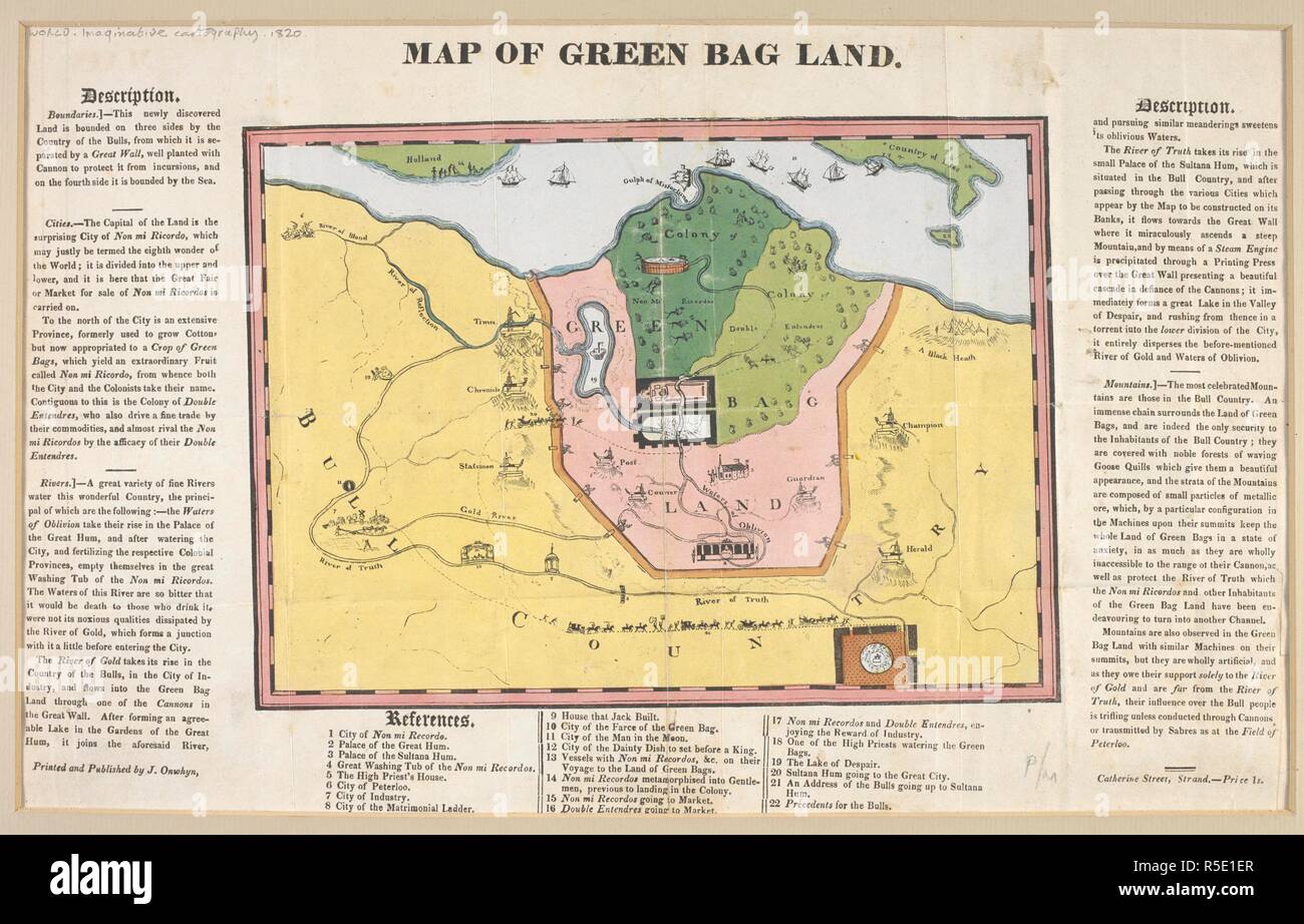 Map of green bag land. A political cartoon, in the form of a map of an imaginary country, satirising the divorce case of King George IV and Queen Charlotte, 1820.  . Map of Green Bag Land. London : J. Onwhyn, [ca. 1820]. 1 map ; 18x25cm. Joseph Onwhyn. Source: Maps.cc.2.f.1. Stock Photo