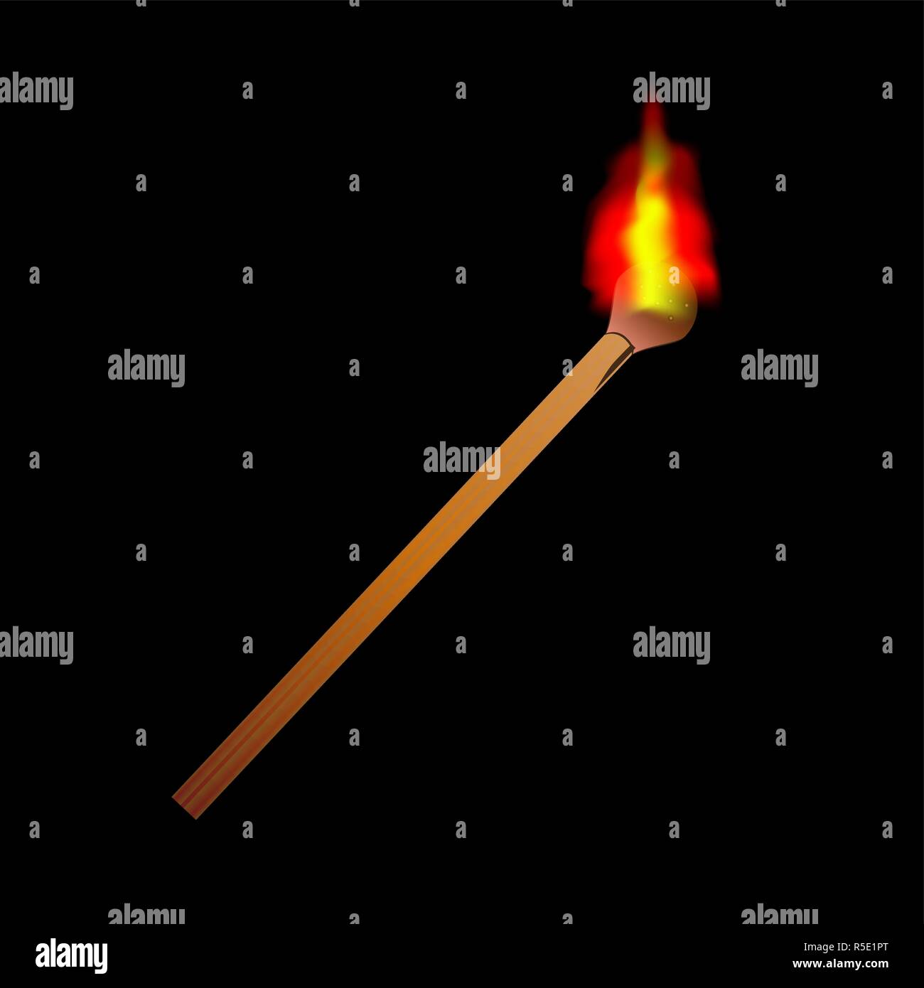 Burning flame head matchstick isolated against a black background. Stock Vector