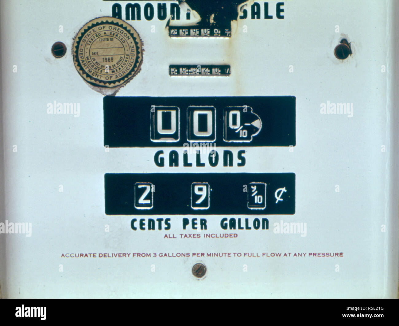 Sign of the Past Is This Abandoned Gasoline Pump with a Price of 29.9 Cents Per Gallon. The Cost of Fuel Has Made Such a Reoccurrence Nothing But a Dream. The Gas Pump Was Photographed at 04/1974 Stock Photo