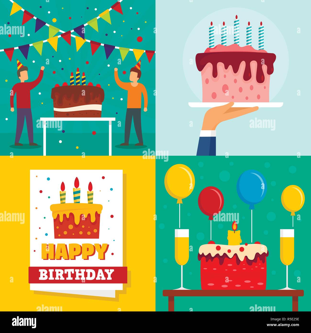 Cake Birthday Banner Set Flat Illustration Of Cake Birthday