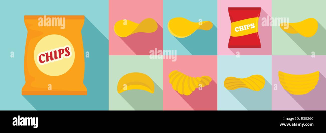 Chips potato icon set. Flat set of chips potato vector icons for web